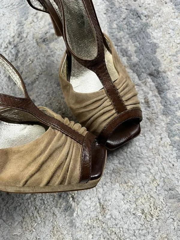 Bimba Y Lola Sandálias plataforma femininas de couro marrom com salto slingback Tamanho 39EU – photo 4